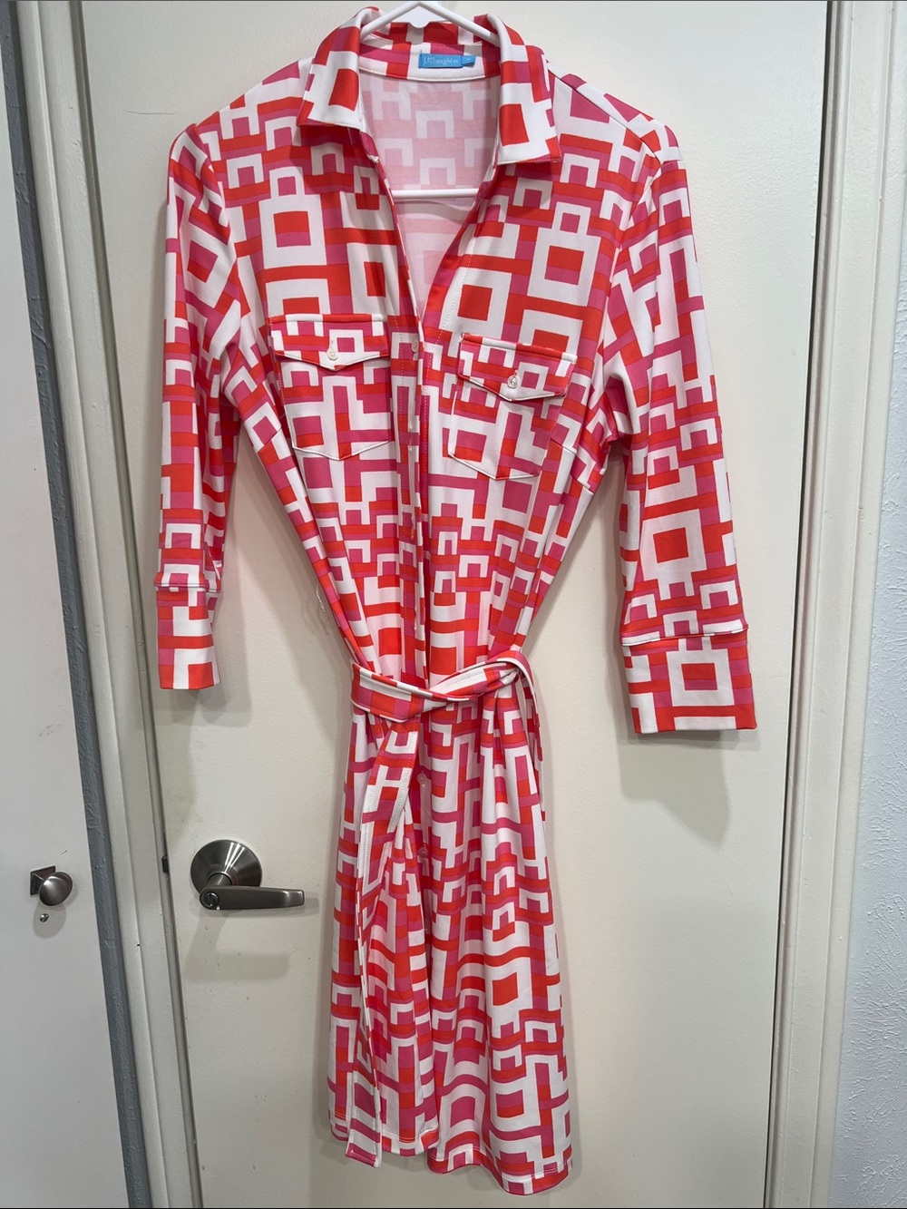 Geometric Print Shirt Midi Dress in Pink & Red - Unbranded